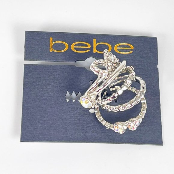 Silver Toned Stacking Rings - Set of 5 Rings with Rhinestones & Butterfly - Picture 4 of 4